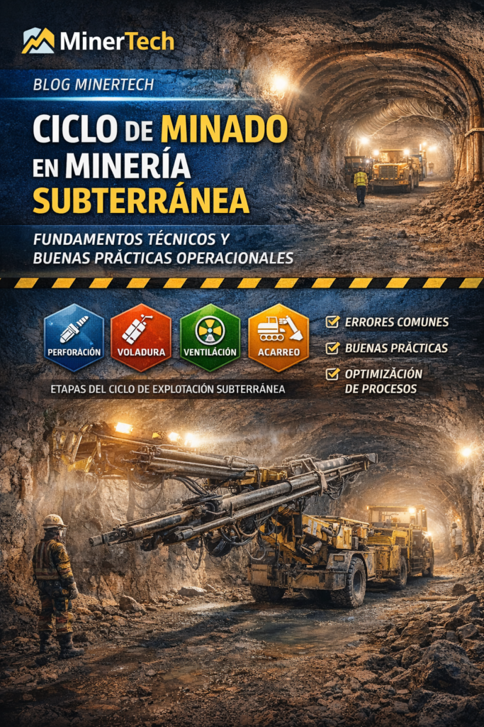 Ciclo de minado en minería subterránea con equipos de perforación y carguío