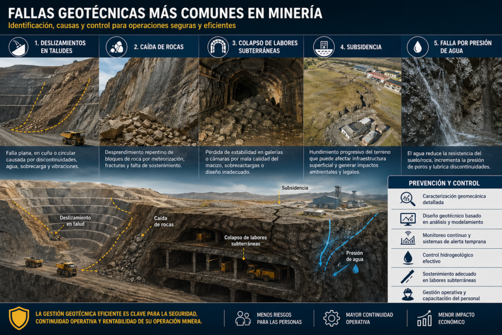 Infografía sobre fallas geotécnicas en minería: deslizamientos, caída de rocas, subsidencia y control geotécnico