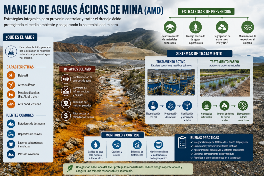 Sistema de manejo y tratamiento de aguas ácidas de mina AMD en operación minera