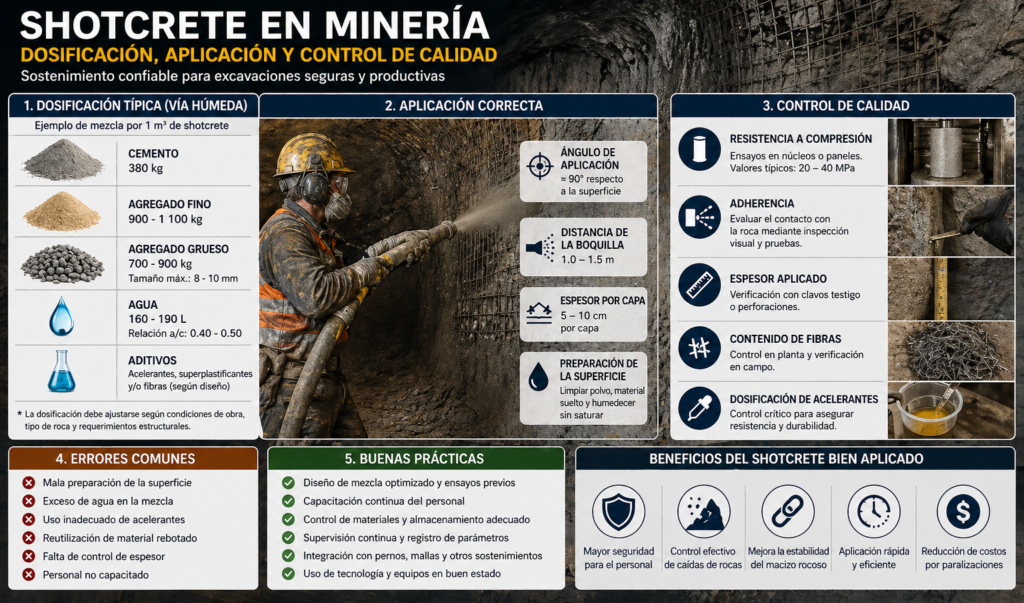 Infografía de shotcrete en minería con dosificación, aplicación y control de calidad en sostenimiento subterráneo