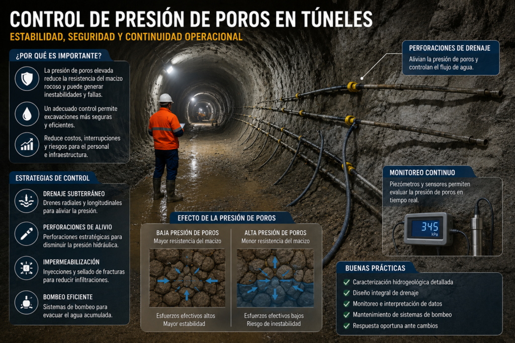 Ingeniero evaluando sistema de drenaje y control de presión de poros en túnel minero subterráneo
