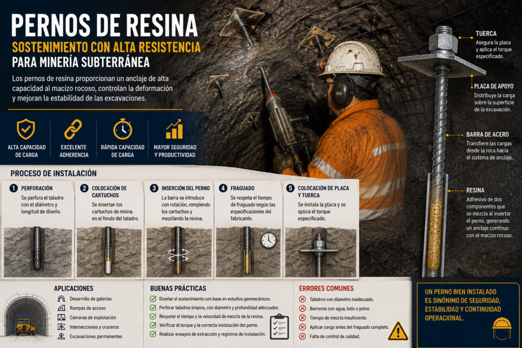 Instalación de pernos de resina para sostenimiento en minería subterránea