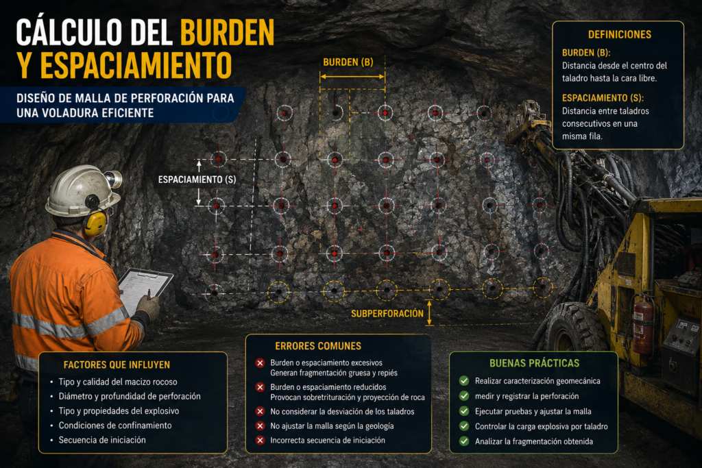 Cálculo del burden y espaciamiento en una malla de perforación de minería subterránea