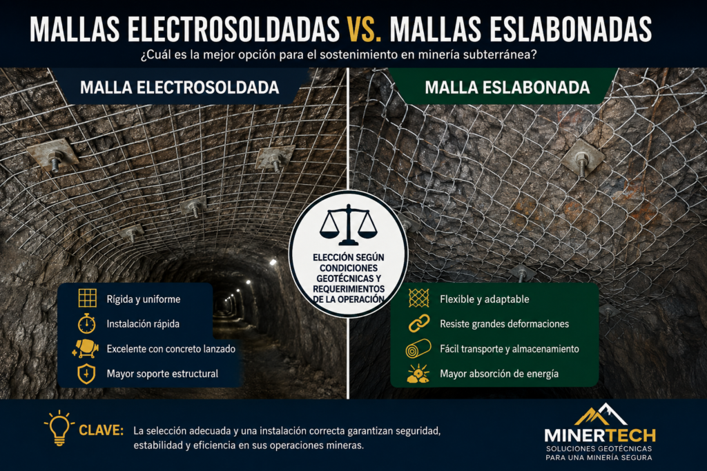 Comparación entre malla electrosoldada y malla eslabonada para sostenimiento en minería subterránea.